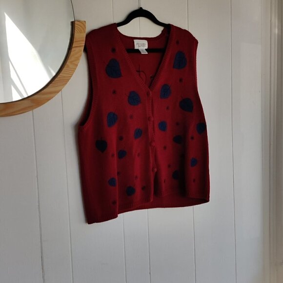 Vest, Red knit w/falling leaves and snow in blue embroidery. Christopher Banks - Picture 4 of 9